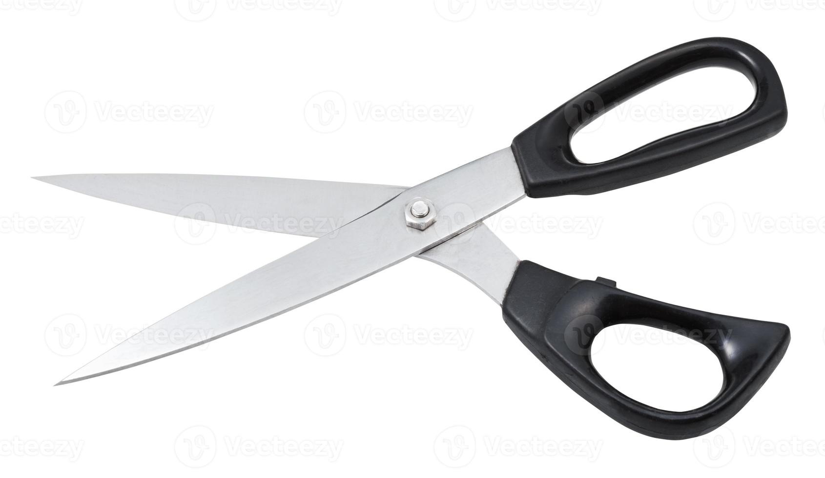 open modern dressmaker shears with black handles photo