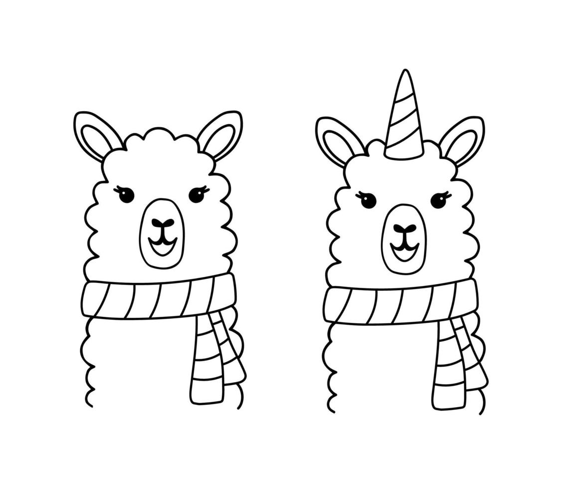 Hand drawn funny portrait of baby llama iwith scarf. Black and white line drawing alpaca unicorn for coloring page . Cute outline vector illustration isolated on white background.