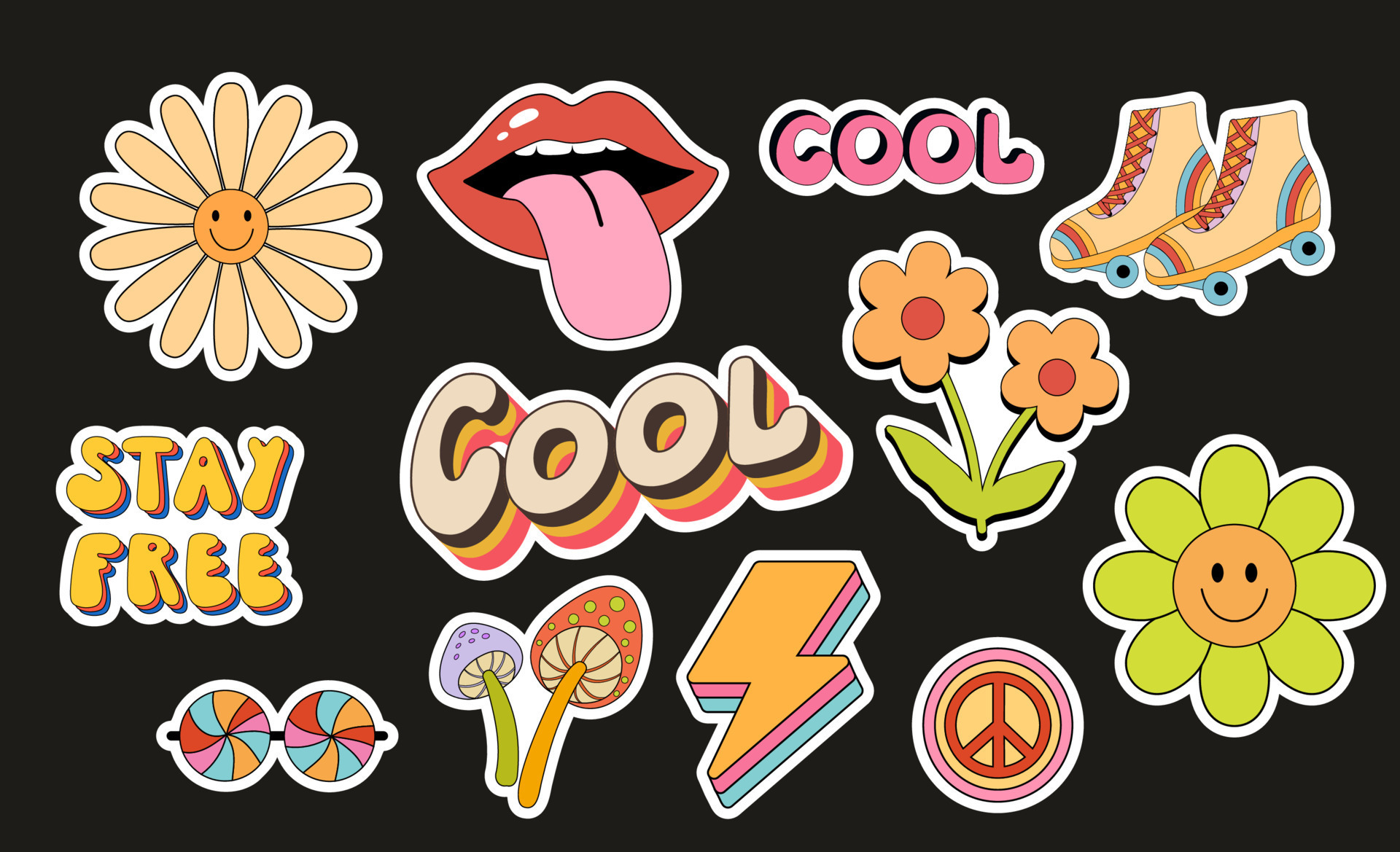 Groovy stickers set with mushrooms, lips and flower. Vector flat