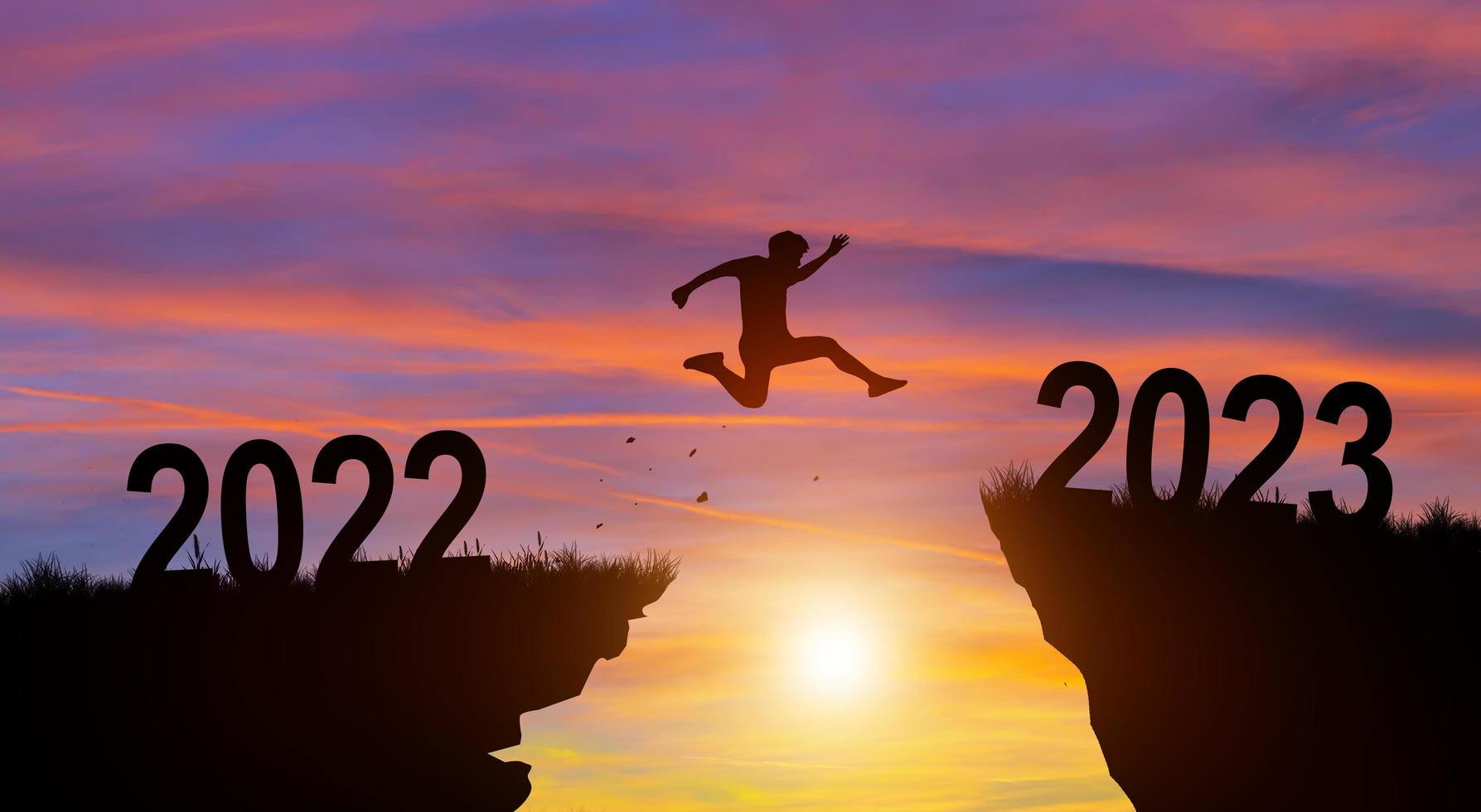Welcome merry Christmas and Happy new year in 2023 with Man jumping. photo