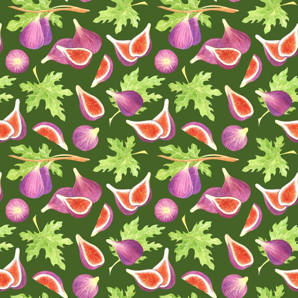 GREEN VECTOR SEAMLESS PATTERN WITH WATERCOLOR FIG FRUITS