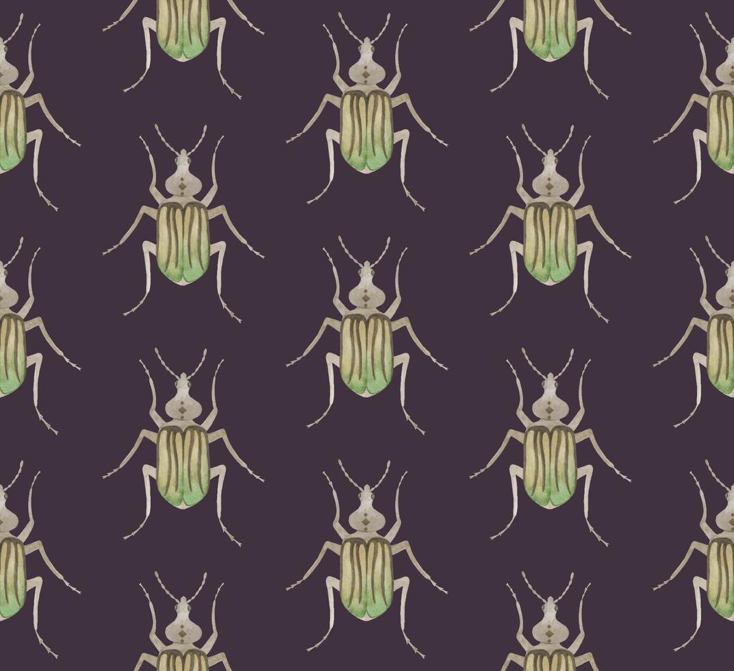 PURPLE VECTOR SEAMLESS PATTERN WITH WATERCOLOR BEETLES