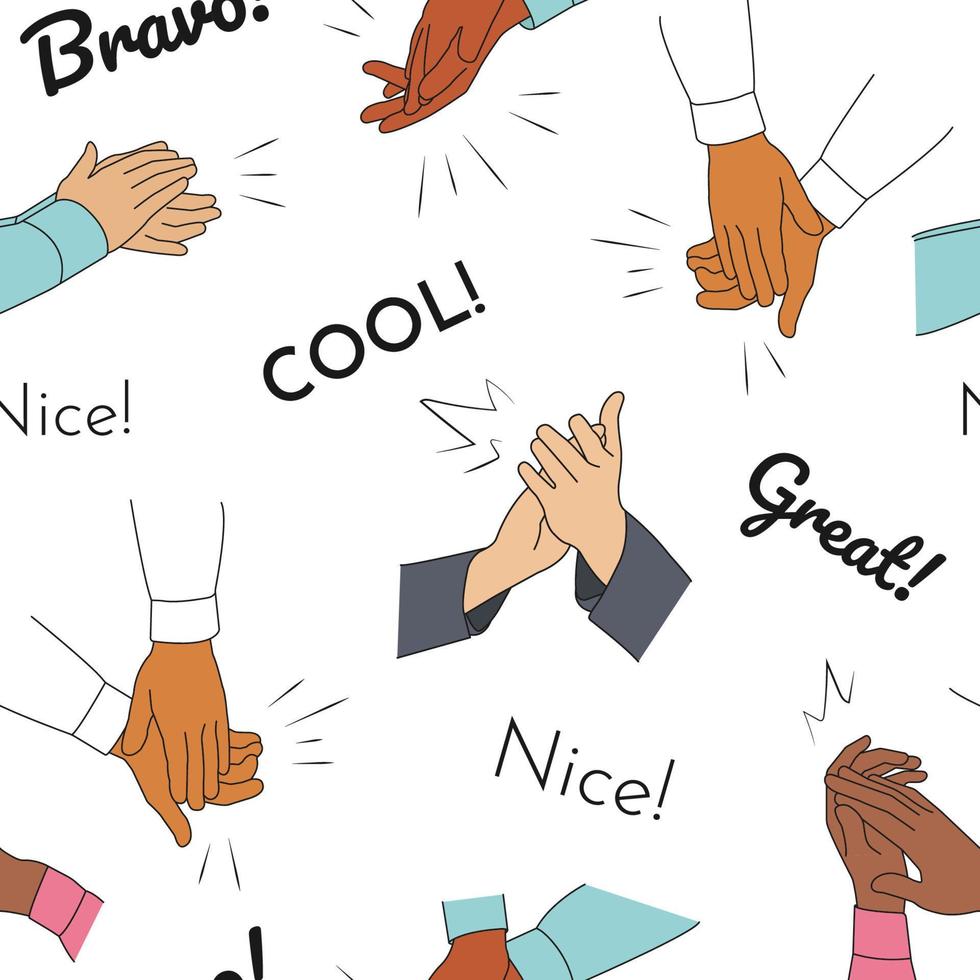 Seamless pattern with Applause, Handclaps. Lettering on a white background - Bravo, cool, great, nice. Concept of successfull Business and performance. Vector illustration.