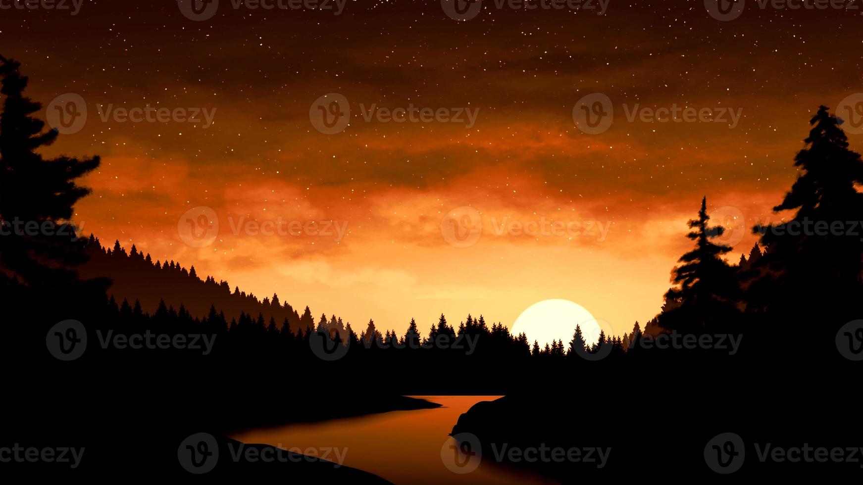 Forest sunset with river illustration. photo