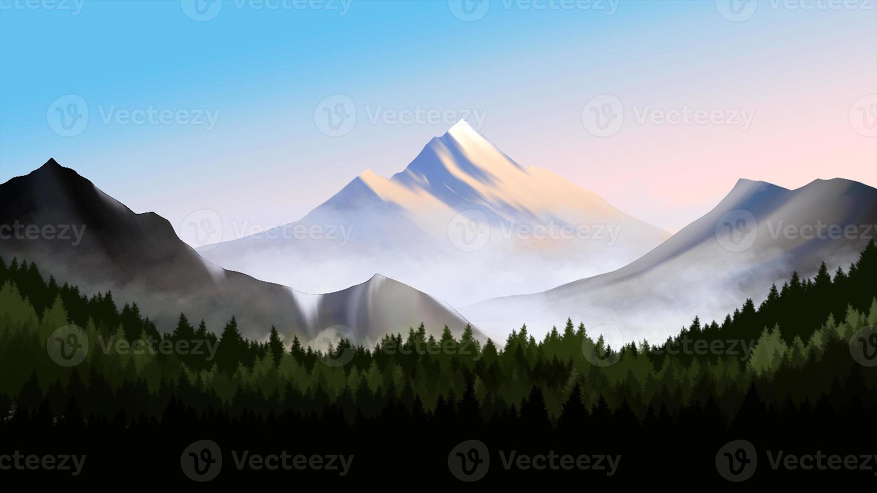 ilustración de paisaje de picos de montaña con bosque de pinos foto