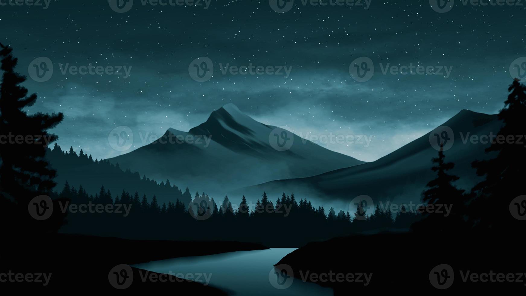 Night in mountain forest illustration. The sky is cloudy and full of stars. photo