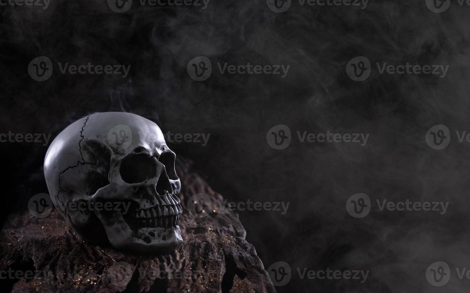 Halloween human skull on an old wooden table over black background. Shape of skull bone for Death head on halloween festival which show horror evil tooth fear and scary with fog smoke, copy space photo