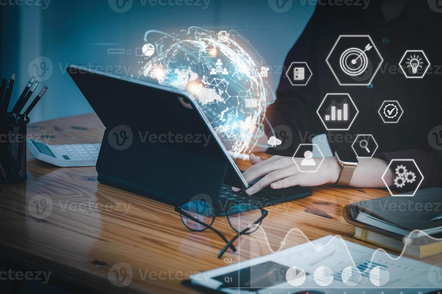 The concept of digital marketing technology through the use of tablets, data analysis, metaverse, big data, Business global internet, global network and data exchanges. photo