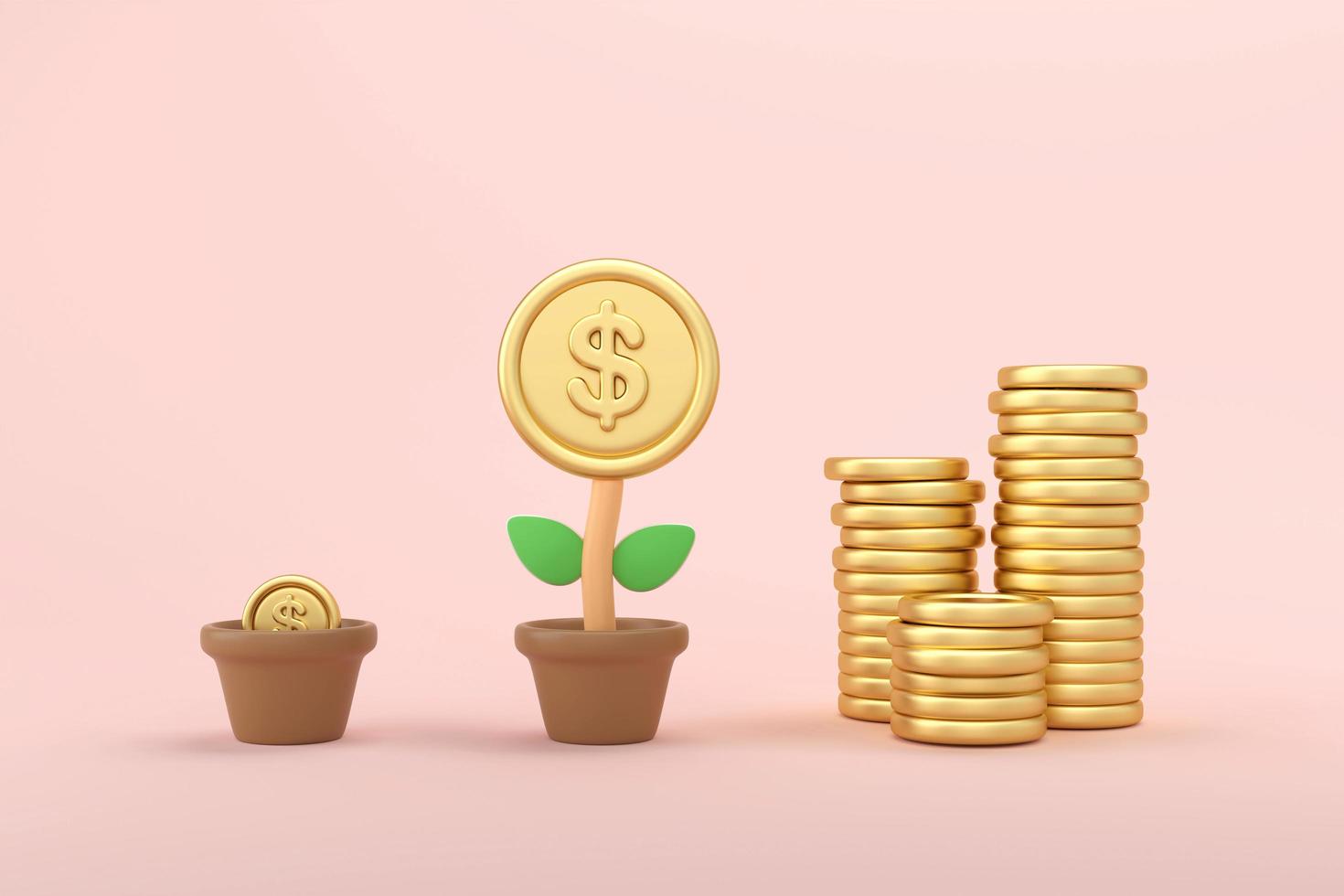 3d money tree with golden coin flower in pot on orange background. Business profit investment, finance education, earning income, business development concept. 3d rendering photo