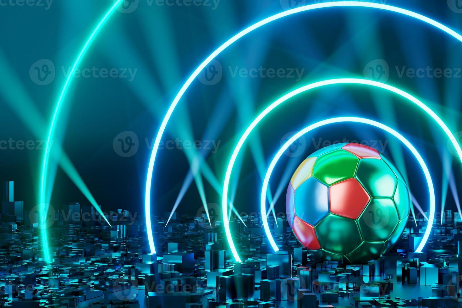 objeto de pelota de fútbol en el fondo abstracto. concepto digital de forma de neón claro. Deportes gráficos de símbolo de bola. ilustrador 3d. fondo de desenfoque de profundidad. efecto de brillo de la noche espacial. diseño de líneas de movimiento foto