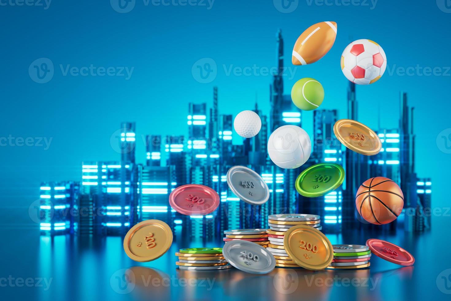 sport object design on blue background. gold winner cup and gold coin. sports ball concept design. 3d illustration. casino bet backdrop. football tennis volleyball golf symbols. game live online show photo