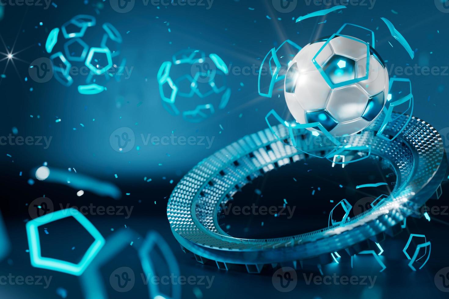 football 3d object in the abstract background, arena concept design, copy space, 3d illustration, glow neon light text frame, 3d rendering element, soccer game sport, sports equipment, realistic ball photo