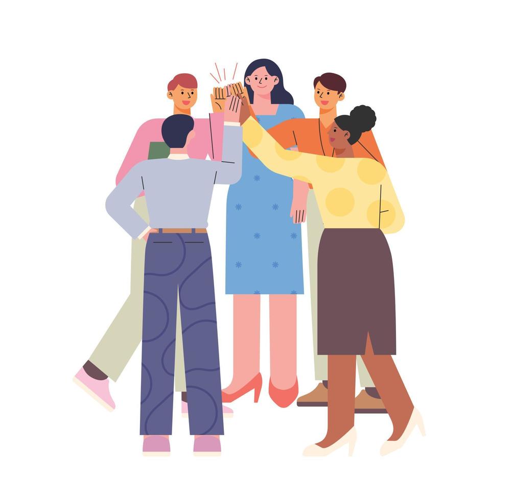 Business people in the office are gathering and high-five. flat design style vector illustration.