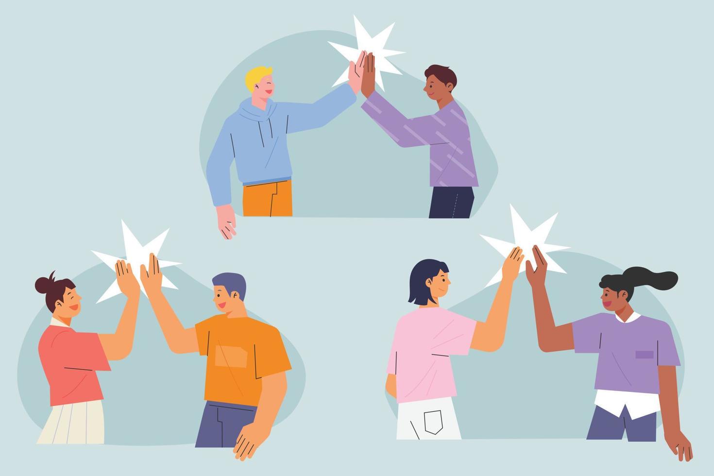 Friends meet and support each other by clapping their palms. flat design style vector illustration.