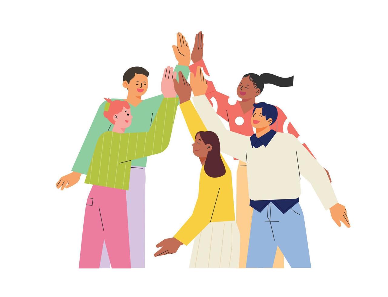 Various friends are gathering and high-five. flat design style vector illustration.