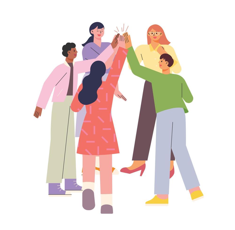 Various people gather and high-five. flat design style vector illustration.