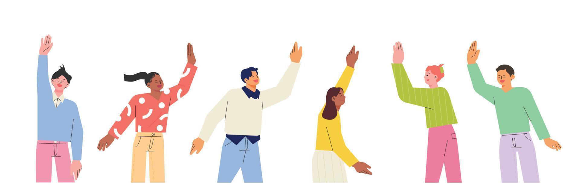 People raise their hands and say hello. flat design style vector illustration.