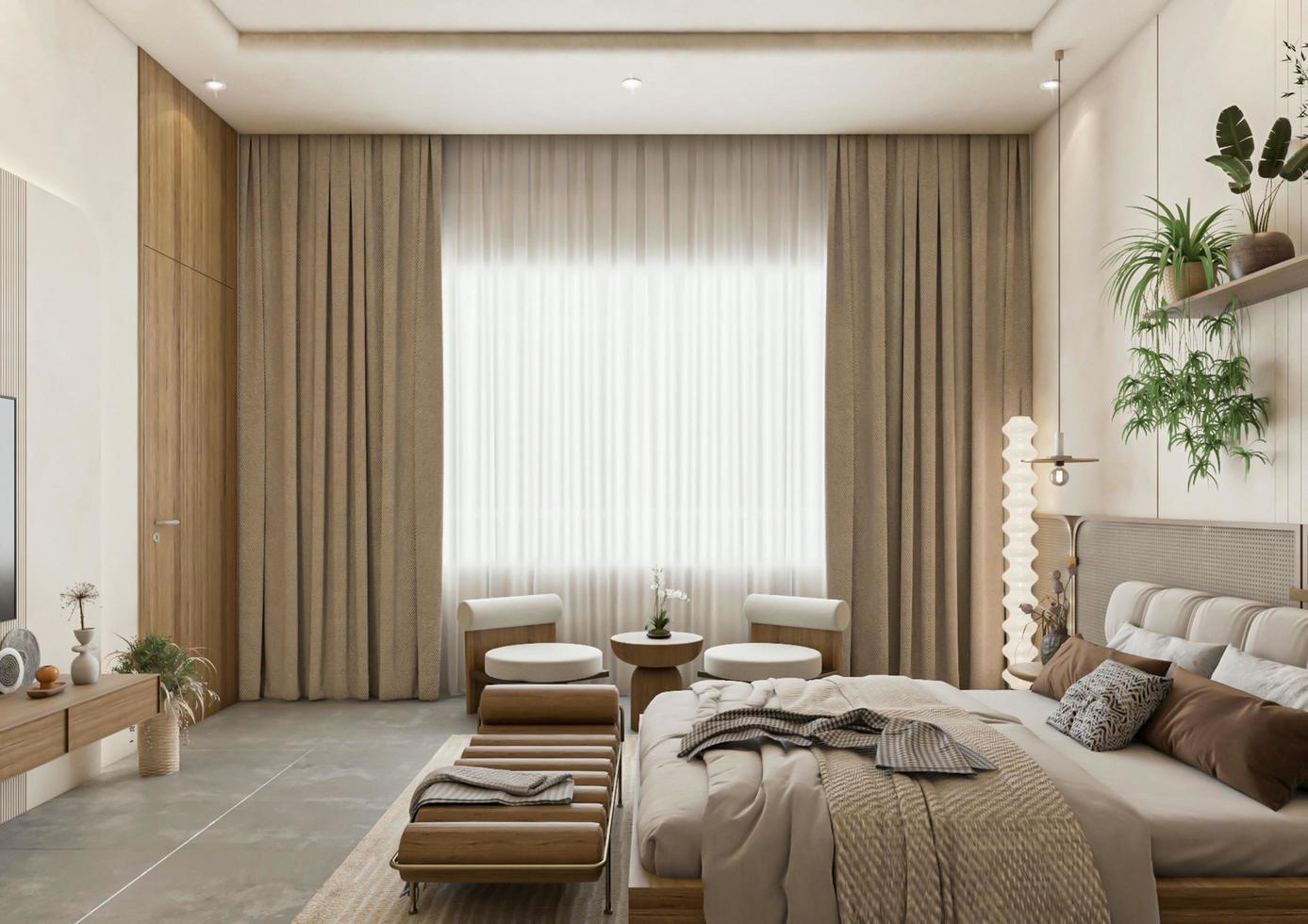 Diseño de interiores de dormitorio bohemio de lujo moderno de representación 3d foto