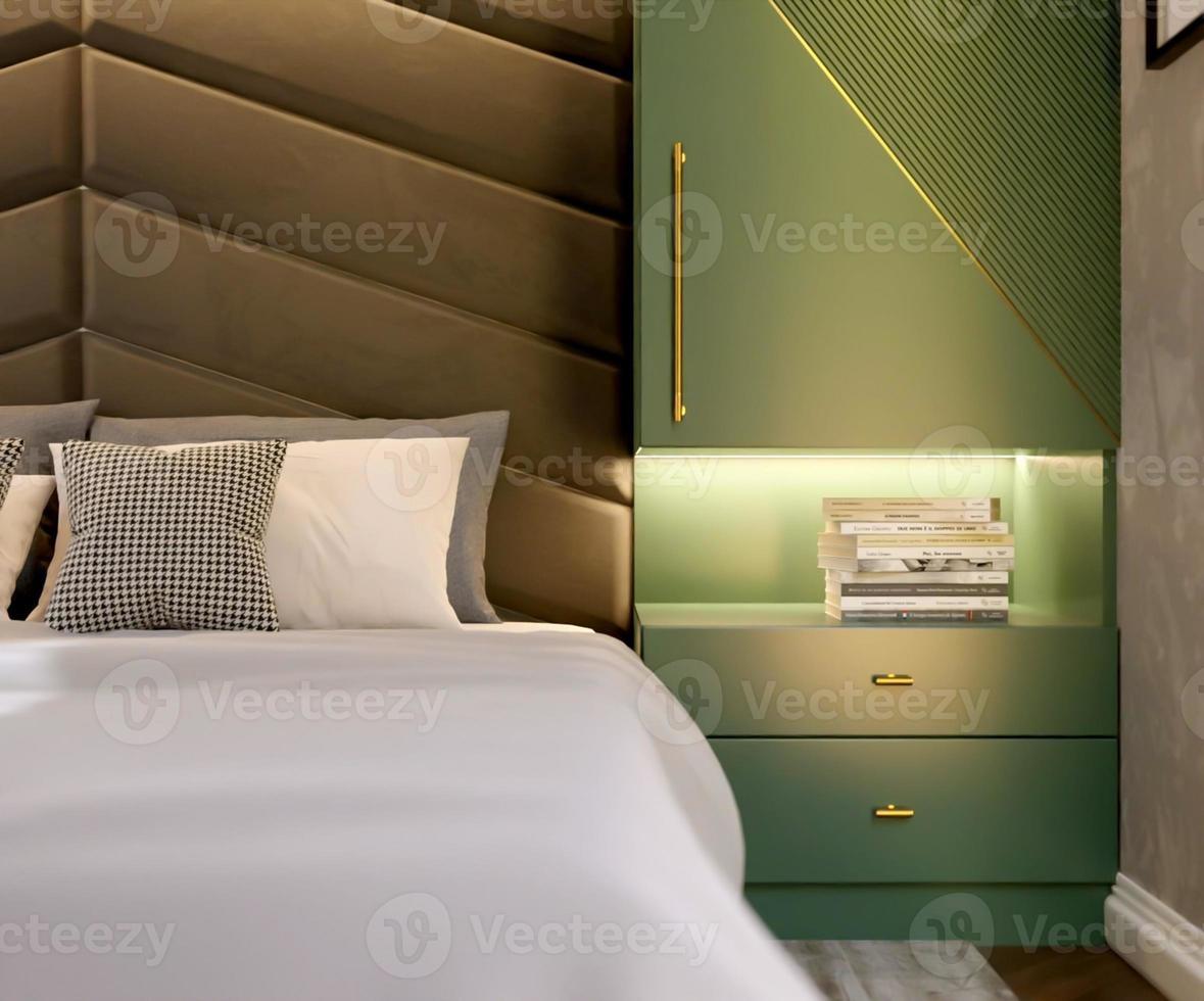 Diseño de interiores de dormitorio verde de lujo moderno de renderizado 3d foto