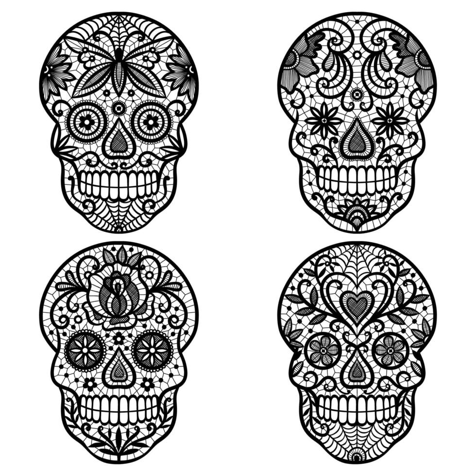 Calavera de azúcar de encaje negro sobre fondo blanco. vector