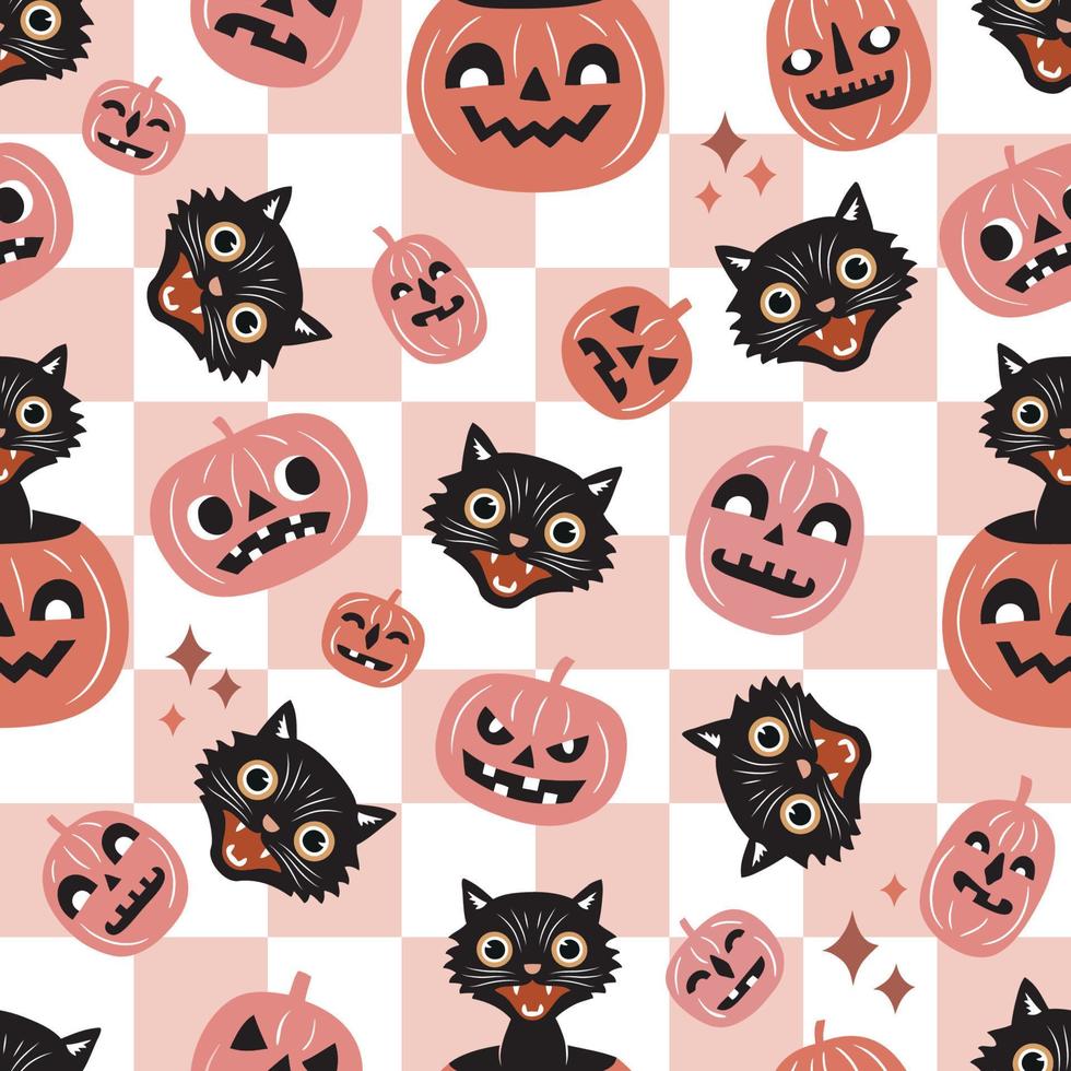 patrón sin costuras con gatos negros de halloween vintage sobre fondo ondulado a cuadros. perfecto para el diseño textil, de papel tapiz o de impresión. vector