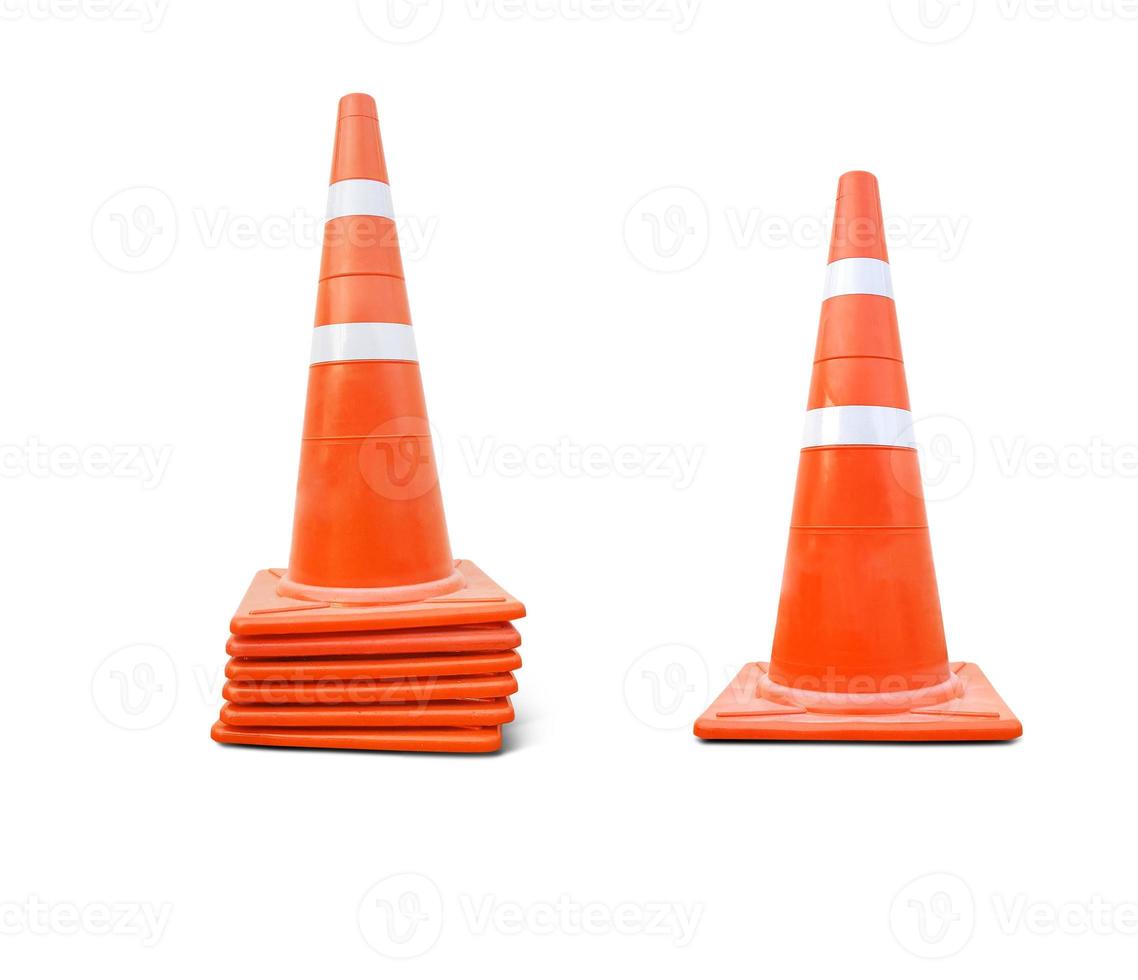 Pylon sign Orange and White reflective traffic cone isolated on white background.concept for hazards and safety photo