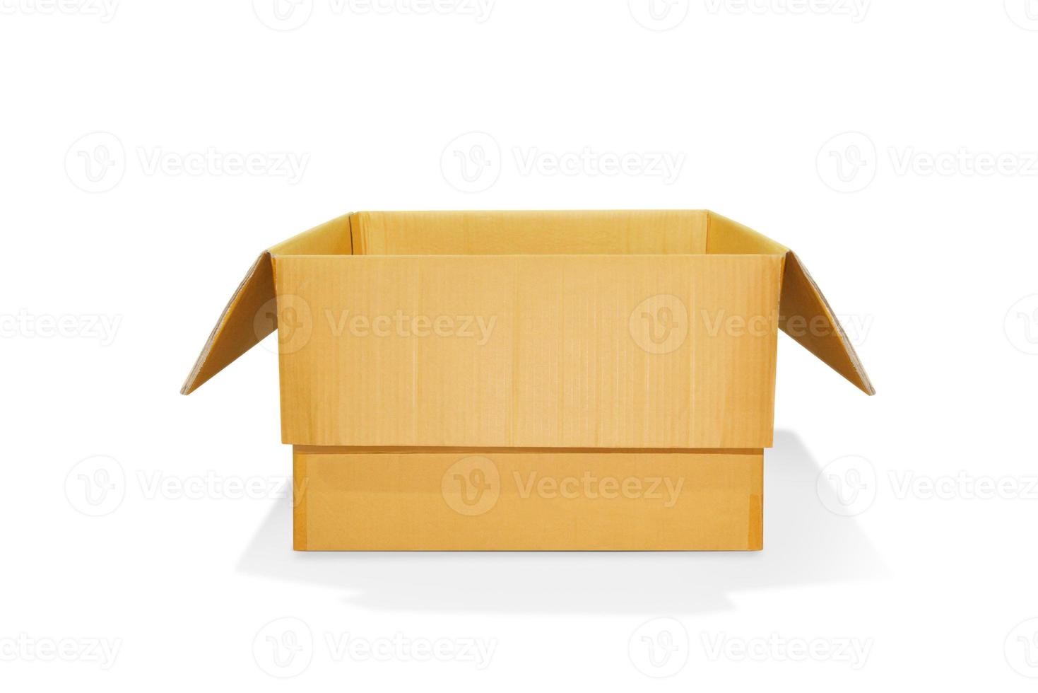 Opened cardboard box, front view, on white background. 11870578 Stock