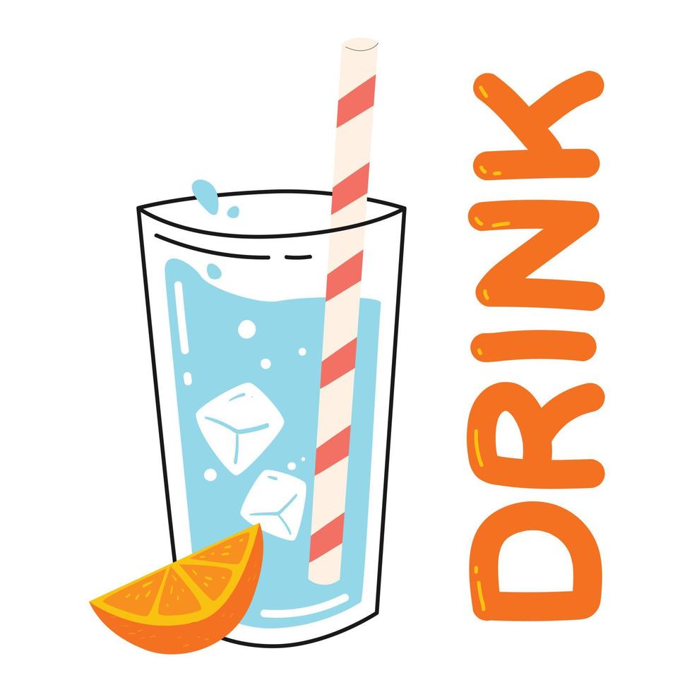 Glass of water with orange, ice and drinking straw. Concept summer drinking poster vector