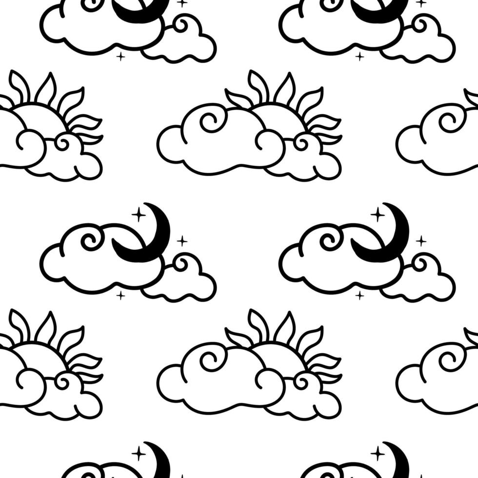 A seamless pattern of a cloud with the sun and a cloud with the moon and stars, drawn elements in a doodle style. Nature phenomenon. Day. Night. Time. Nature. Little curly clouds. Cute vector