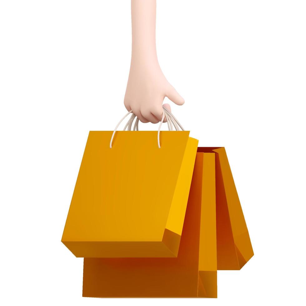 Hand holding a gold paper shopping bags. Vector Illustration