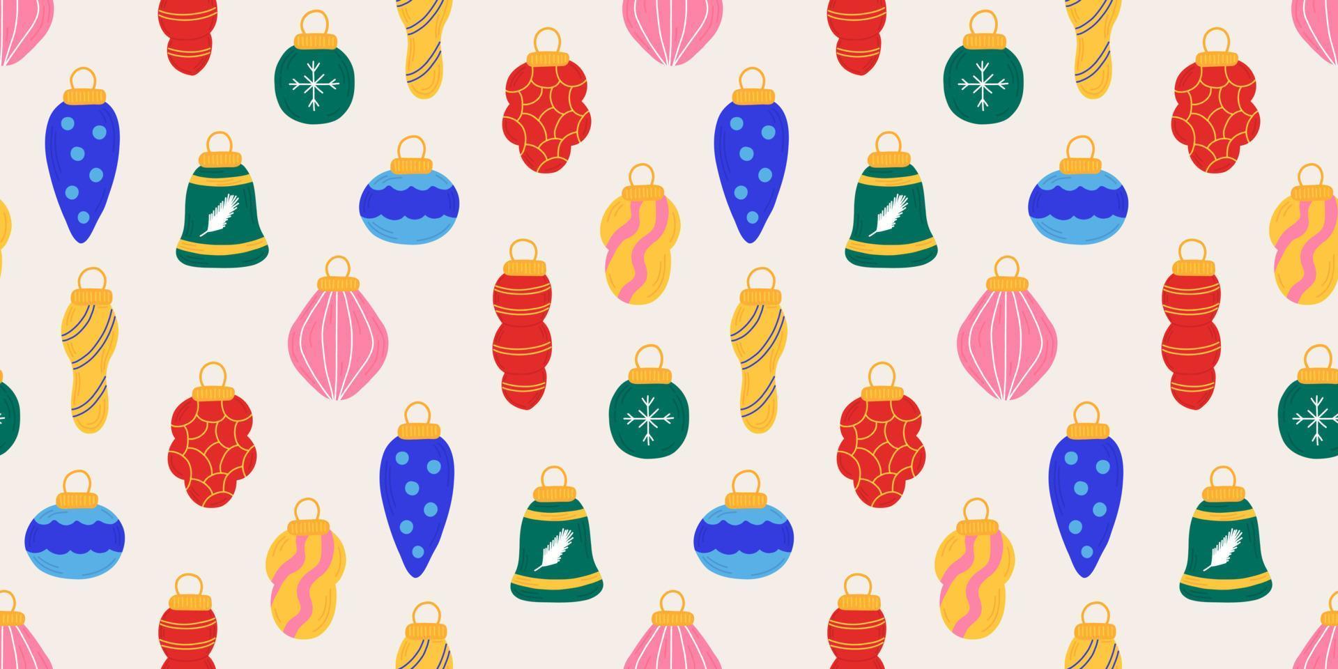 Christmas New Year pattern with tree toys balls in hand drawn. Seamless for textiles, packaging, backgrounds, postcards. vector