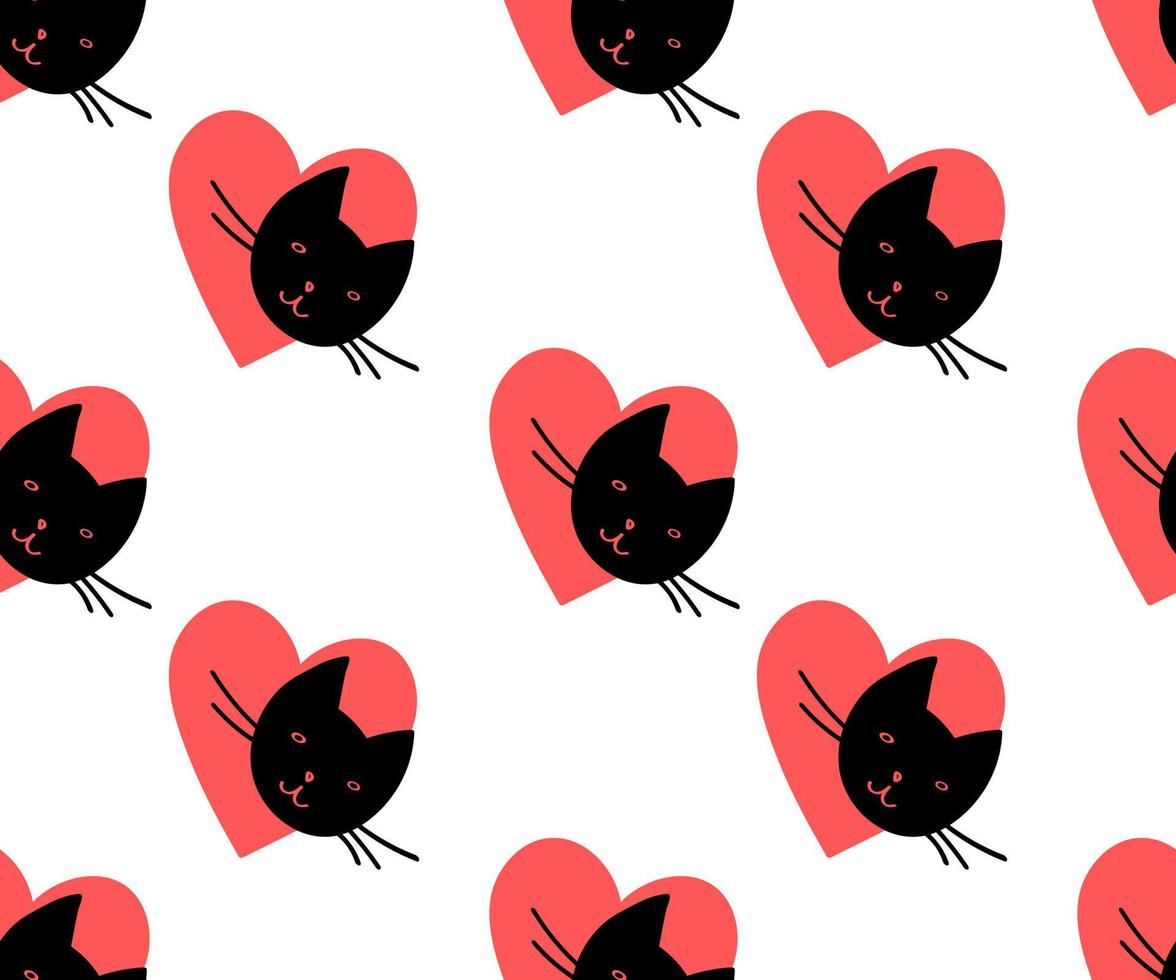 lindo gato negro con corazón rojo. divertido, seamless, patrón vector