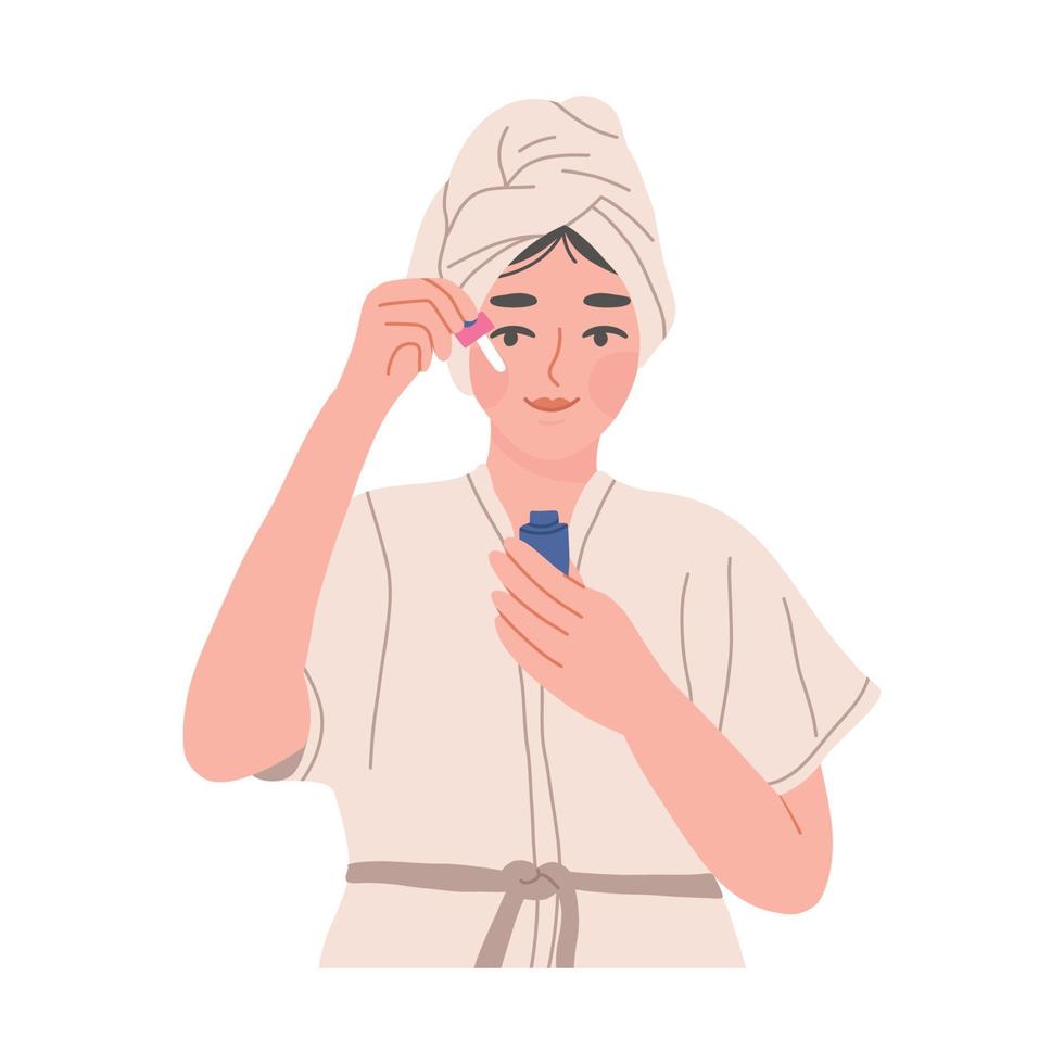 Young woman in bathrobe applying face oil or serum, flat vector illustration isolated on white background. Female character using facial beauty products. Morning or evening skincare routine concept.