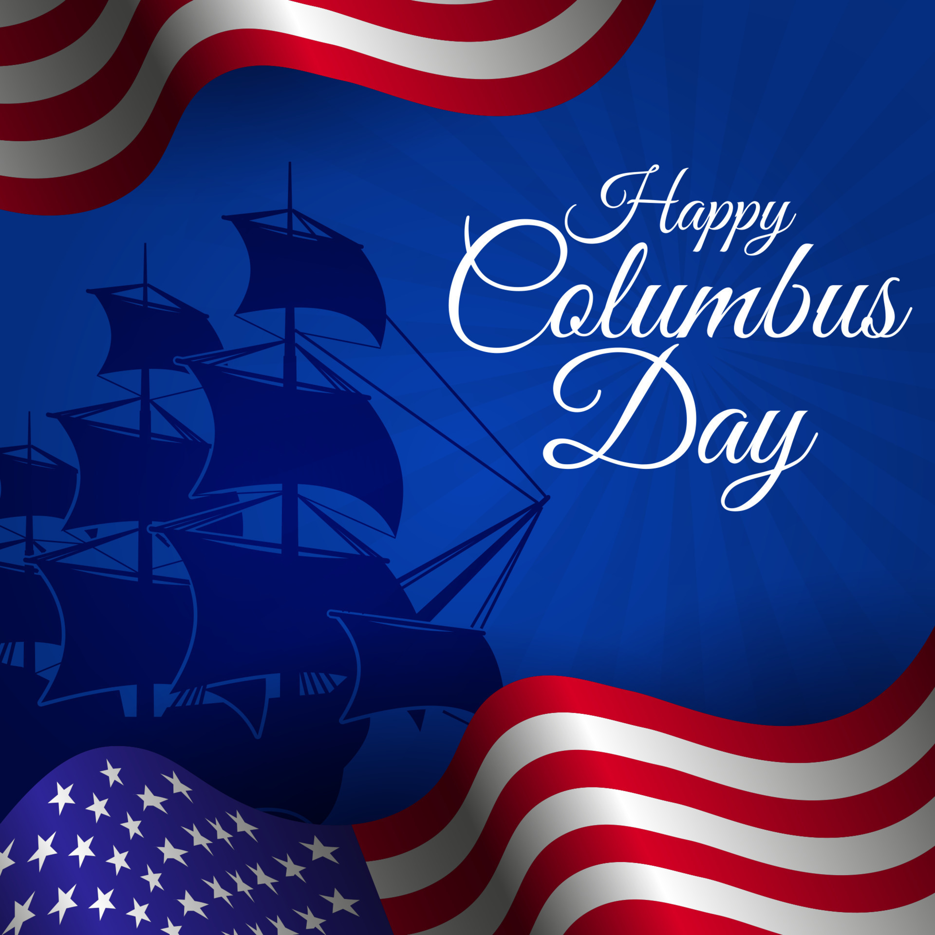 Happy Columbus Day Greeting Card 2022 with Waving USA flag and Caravel