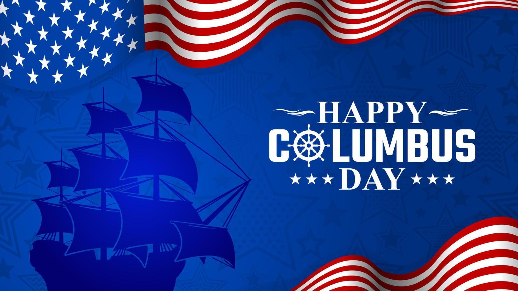 Happy Columbus Day Greeting Card 2022 with Waving USA flag and Caravel Silhouette vector background illustration for banner, poster, social media feed