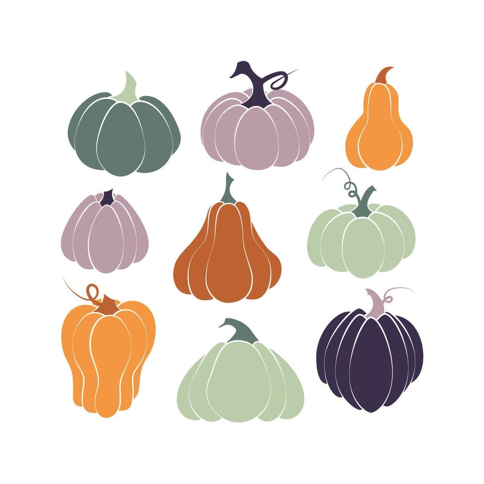 calabaza de varias formas y colores. elementos de acción de gracias y halloween. vector