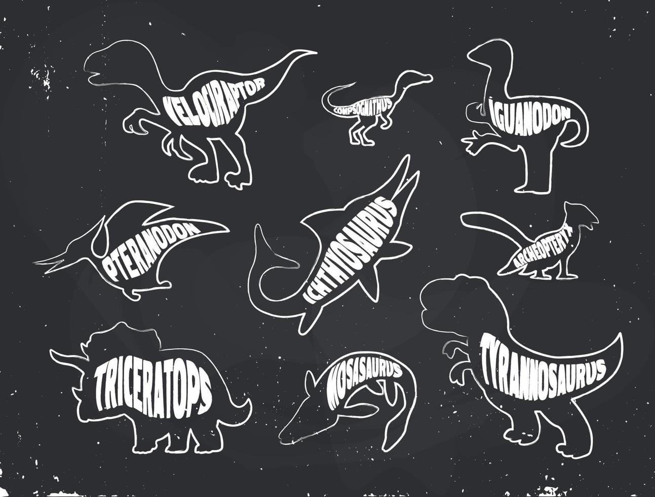 un conjunto de contornos de tiza de dinosaurios blancos con inscripciones en un fondo de pizarra. ilustración vectorial vector