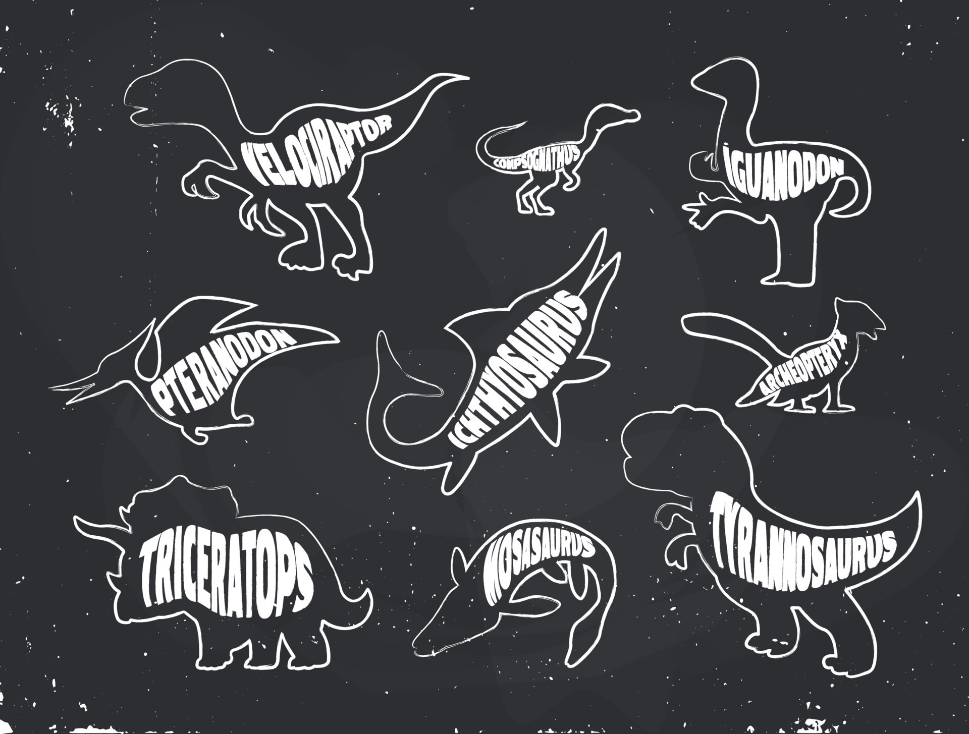 A set of chalk outlines of white dinosaurs with inscriptions on a