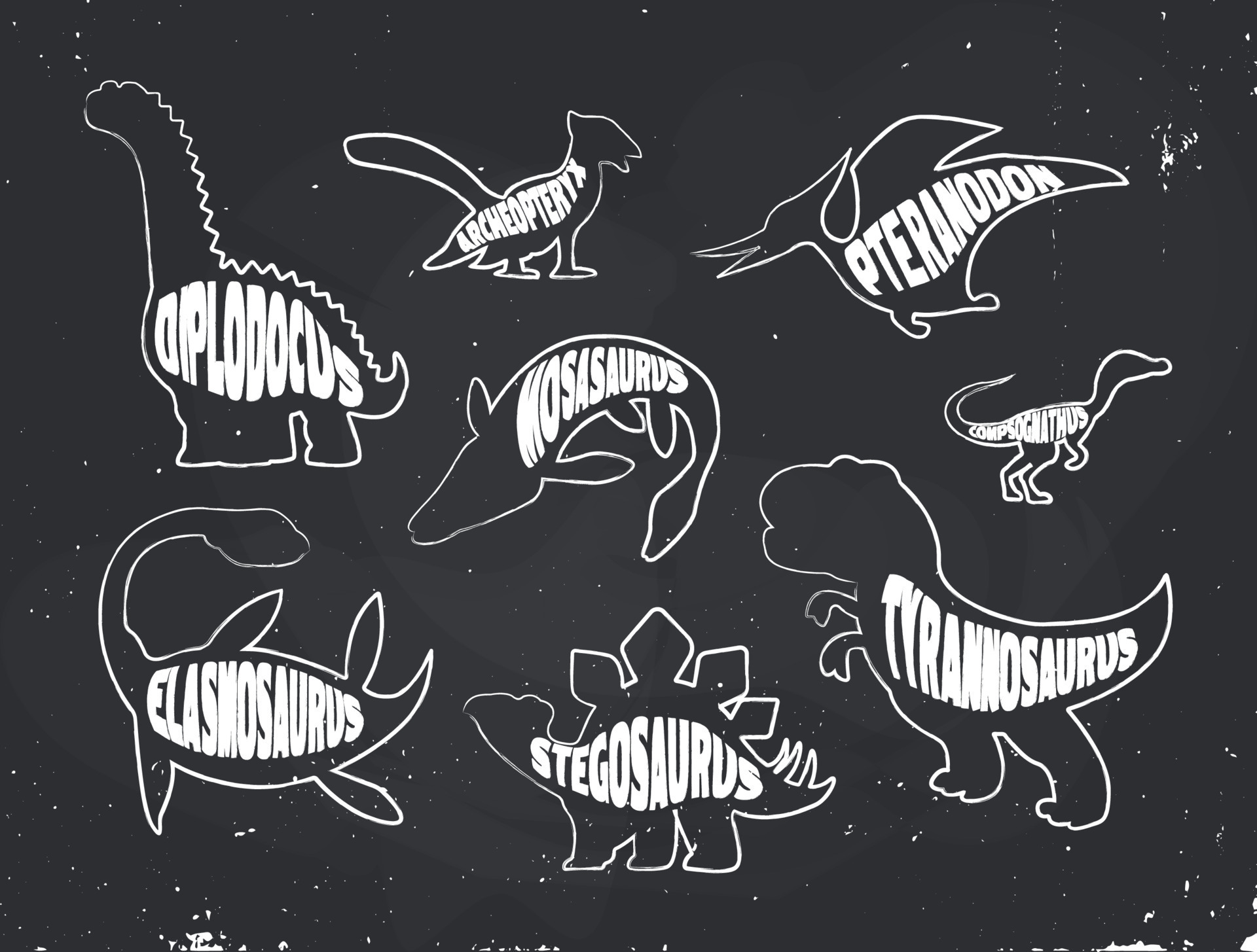 A set of chalk outlines of white dinosaurs with inscriptions on a
