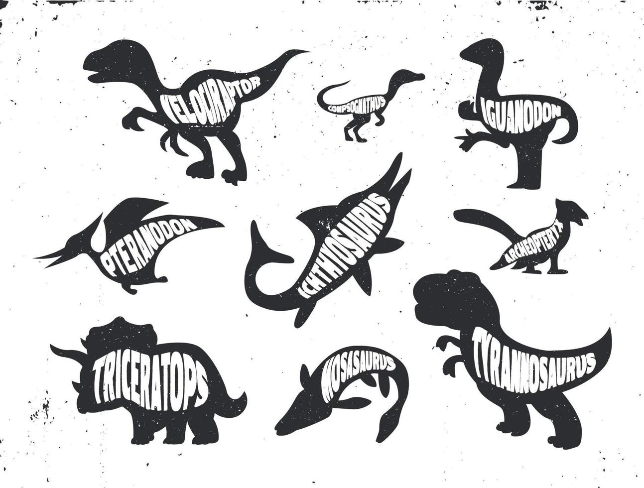 Set of silhouette of dinosaurs with lettering. vector
