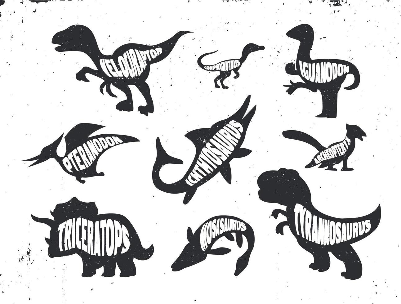 conjunto de silueta de dinosaurios con letras. vector