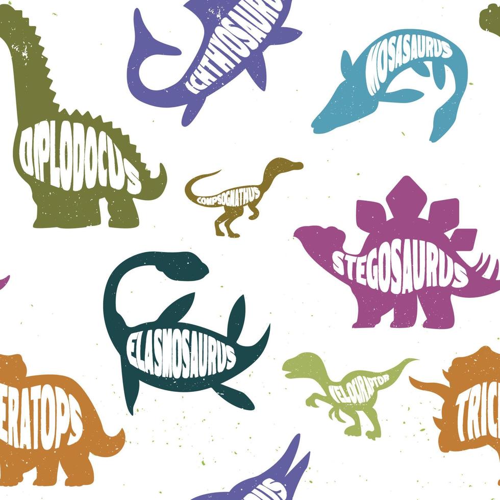 Seamless pattern with colorful silhouettes of dinosaurs with lettering. vector illustration.