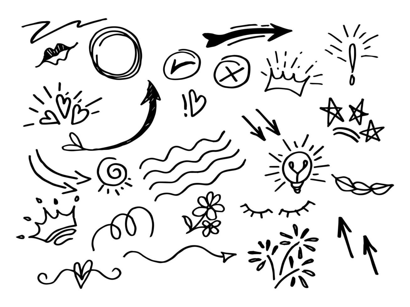 conjunto de elementos de diseño dibujado a mano. swishes, swoops, remolino, flecha, corazón, amor, corona, flor, texto resaltado y énfasis vector