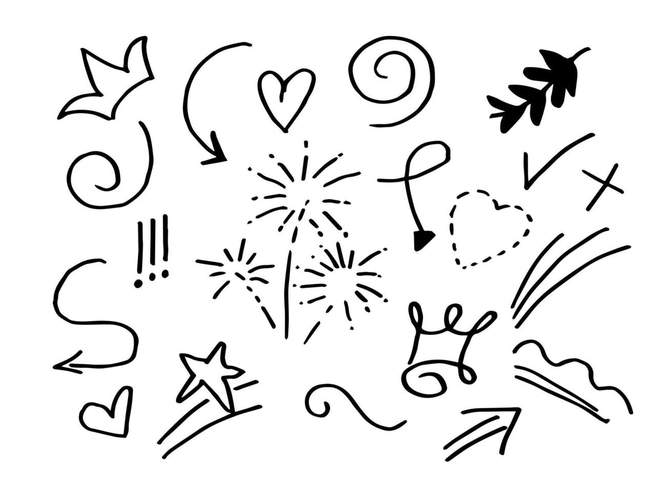 set of doodle design element. emphasis doodles, curly swishes, swoops, swirl, heart, love, crown, flower, leaf, star, firework, arrow, highlight tex. for concept design vector