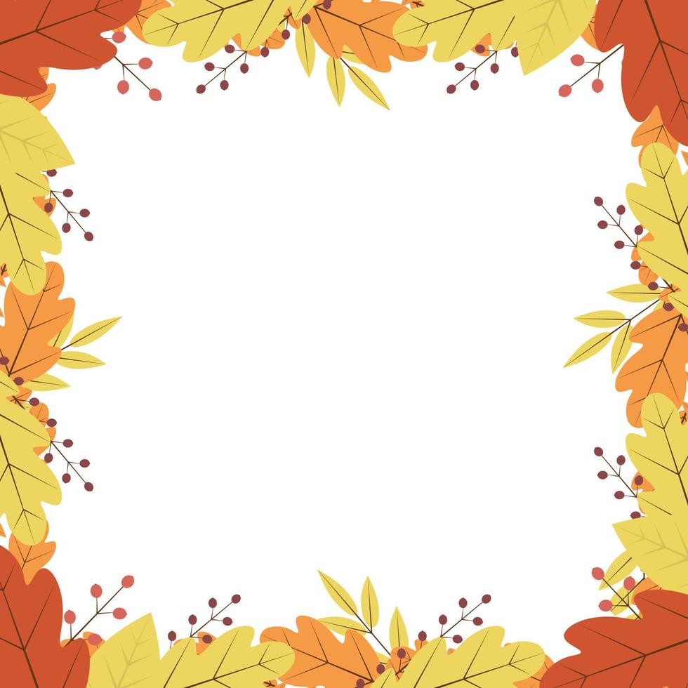 Border of colorful autumn leaves and berries. Fall theme vector illustration. Thanksgiving day greeting card or invitation.