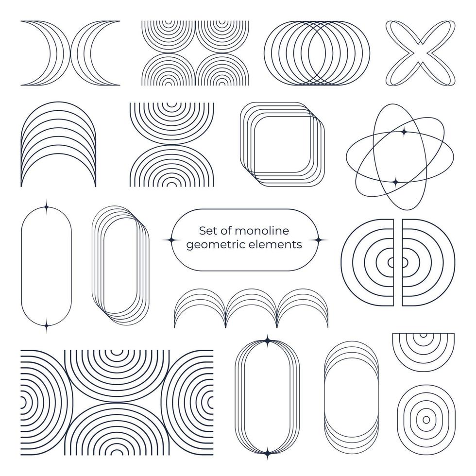 Set of monoline geometric elements. Minimalistic abstract thin lines. For social media posts and stories. Arch, arc, round, ellipse, and square. Boho aesthetic. vector