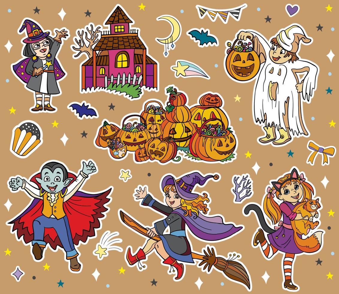 Halloween kids and elements sticker set vector illustration