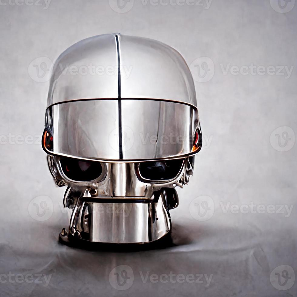 Chromed robot head looking at a human photo