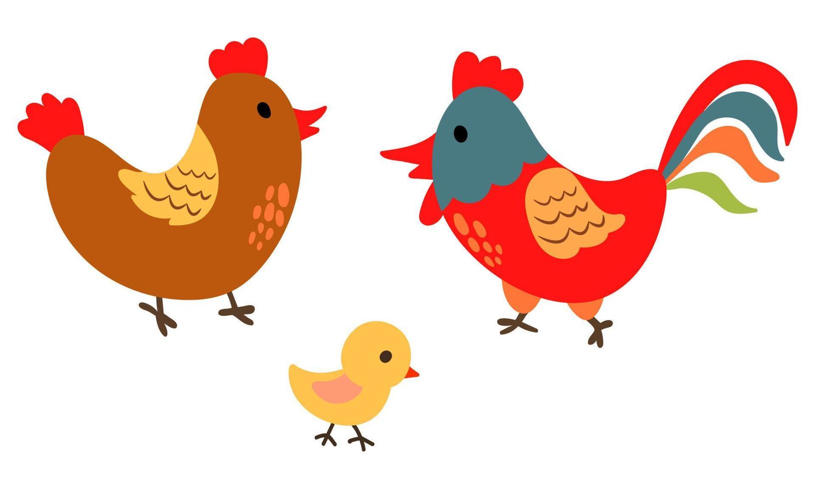 Drawn hen, rooster and chick. White background, isolate. Vector illustration.