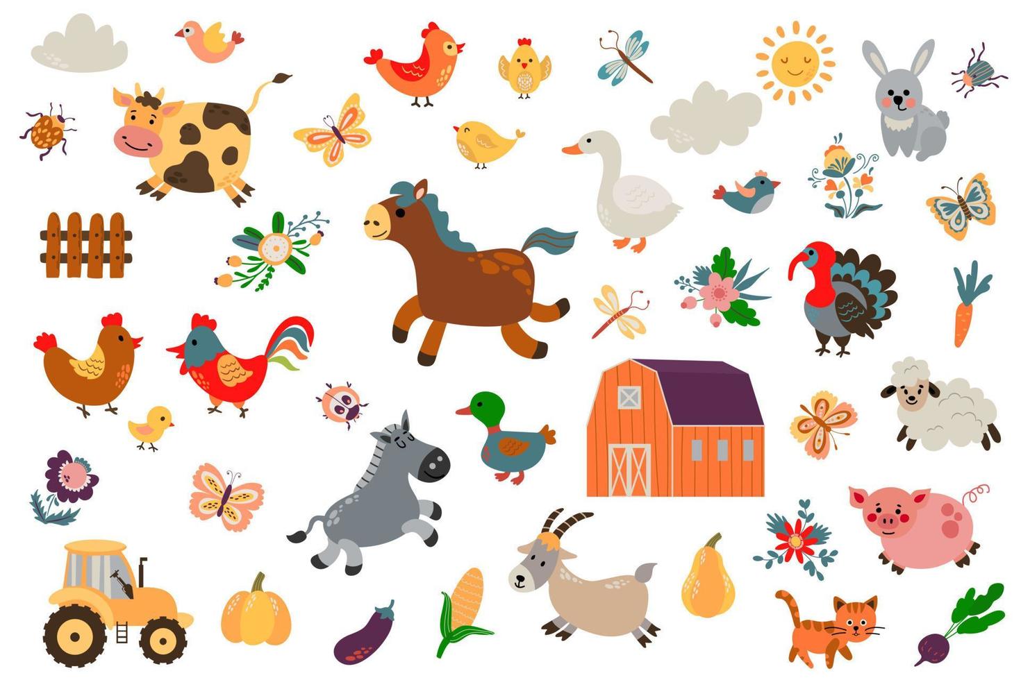 Farm big set. Drawn style. White background, isolate. Vector illustration.
